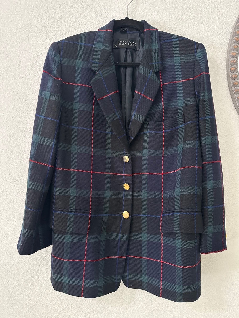 Ellen Tracy Oversized Black Green Plaid Blazer with Red Accents